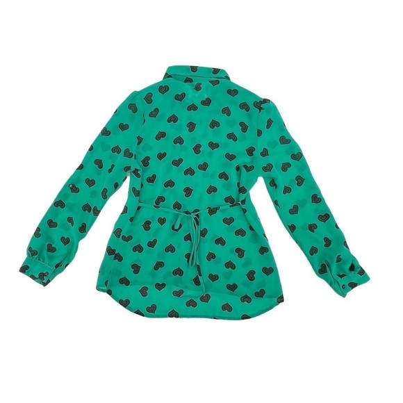 2-Hip By Wrapper Green Collared Gray Hearts Long Sleeve Blouse Size M Girl’s - Picture 3 of 4